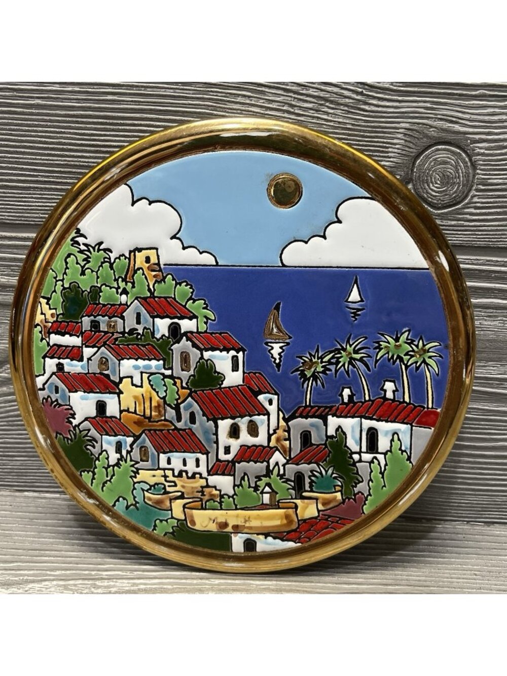 Vintage Hand Painted Ceramic Hanging Tile Plaque 24k Gold Trim 7” Spain